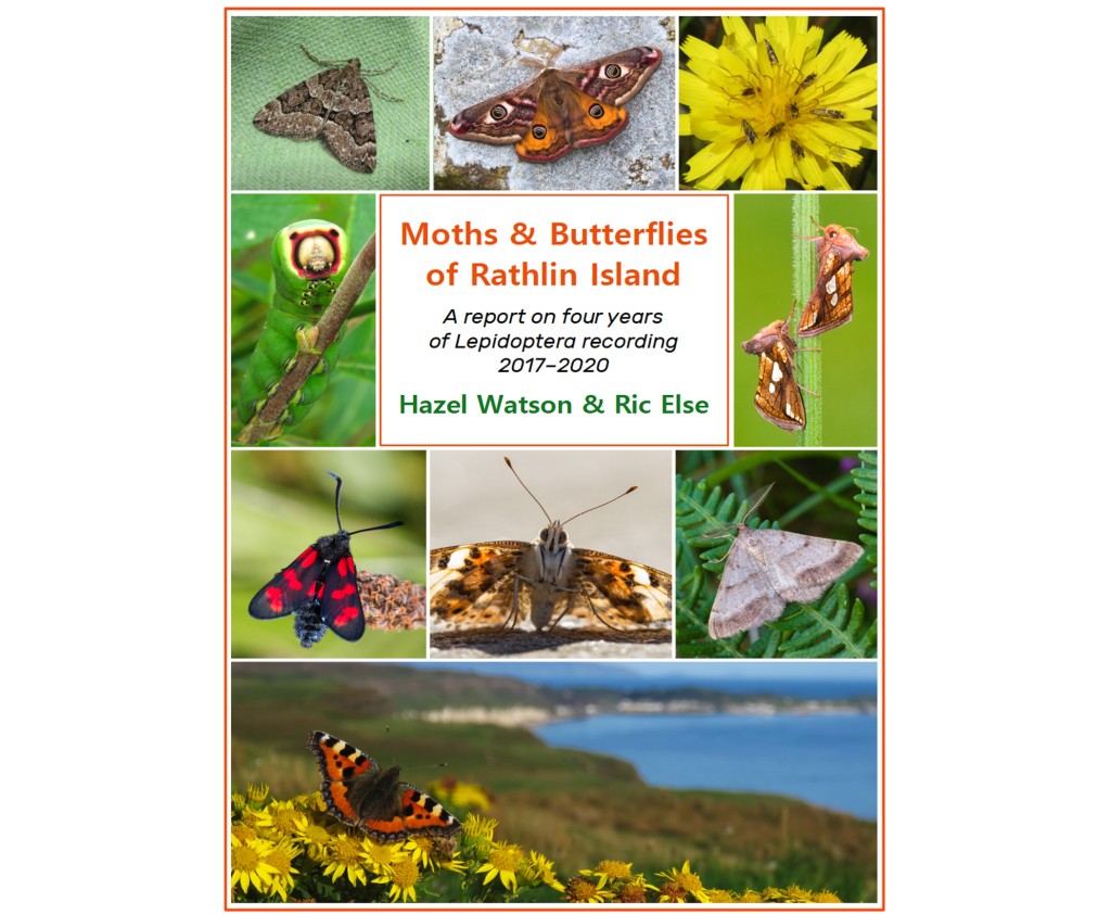 Front cover of the report titled Moths and Butterflies of Rathlin island, by Hazel Watson and Ric Else, showing a range of moth and butterfly species seen on Rathlin, including a Small Tortoiseshell butterfly feeding on Common Ragwort with the distinctive coastline of Rathlin in the background. 